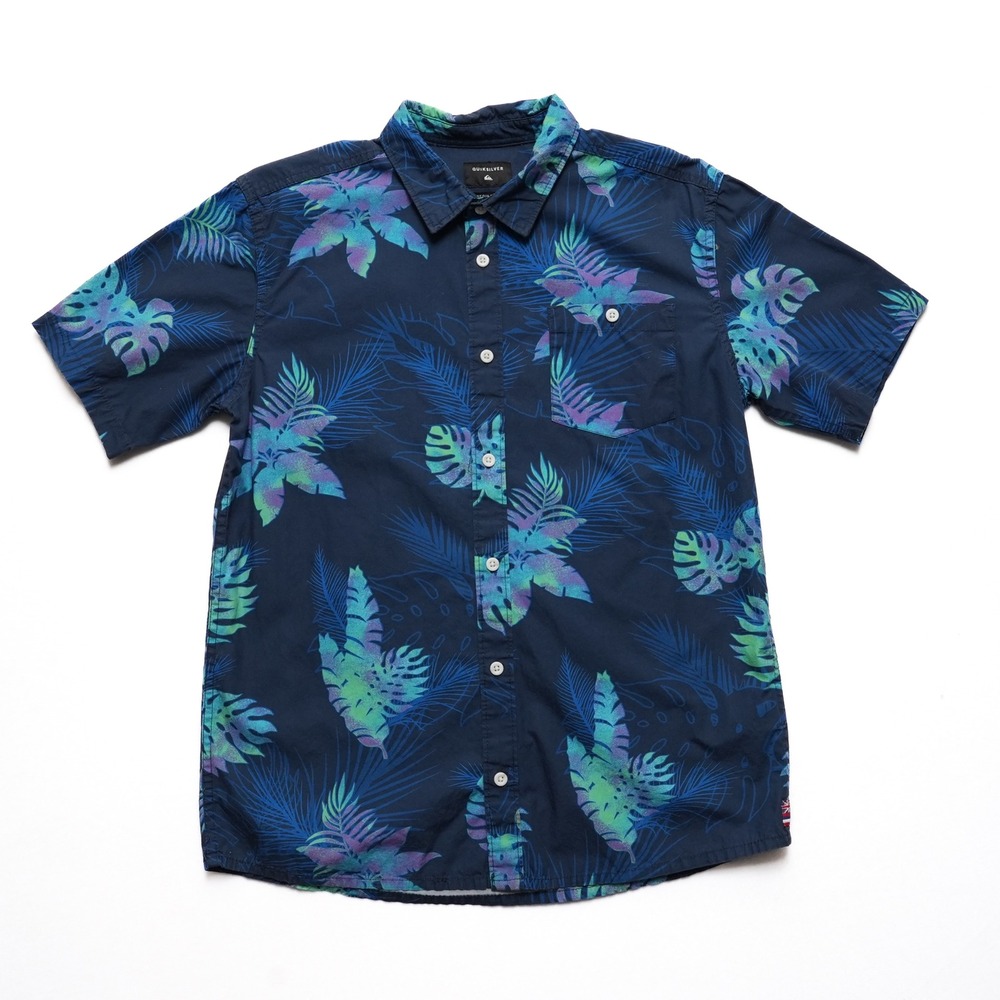 Quiksilver Tropical Shirt Mens M Navy Floral Monstera Surf Button Up Hawaiian